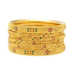 The bright enamel details used alongside the filigree design of these 22k gold Indian bangles adda vibrant look and feel to the traditional design. Features: • 22k yellow gold • Enamel • Filigree • Set of six (6) banglesIf you're looking for quality 22k gold Indian bangles then look no further than Virani Jewelers! Our gorgeous Indian gold bangles have one of a kind details and stunning accents that you'll have to see to believe. Whether you're shopping for gold jewelry to add to your everyday l Festive Yellow Gold Tilla Bangle, Gold Traditional Wear With Meenakari For Festivals, Yellow Gold Jewelry With Zari Work As Gift, Traditional Festive Gold-plated Bangle, Elegant Gold Bangle With Zari Work, Yellow Gold Meenakari Bangle For Diwali, Traditional Yellow Gold Bangle With Intricate Design, Traditional Bracelets For Eid, Gold Traditional Wear With Intricate Design For Eid