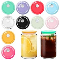 several different colored mason jars with lids and lids on each jar, one is filled with liquid