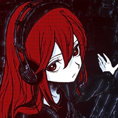 a woman with red hair wearing headphones and holding her hand up to the side