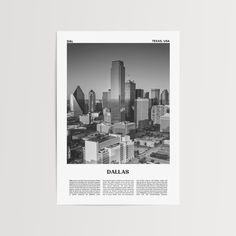 Our prints are made on 200 gsm/80 lb premium matte paper, offering a smooth, uncoated finish. We use FSC-certified materials for durability and eco-friendliness. - Global Shipping Free 2-6 days tracked shipping to most destinations Local shipping in the US, UK, EU, and AU (NO CUSTOMS OR IMPORT TAX) Expedited delivery is available upon request Explore the World Through Our "Places" Collection Unveil the beauty and uniqueness of destinations around the globe with our exclusive "Places" Posters Col Dallas Art, Poster Square, Dallas Travel, Dallas City, Dallas Skyline, Texas Dallas, Skyline Art, Wall D, Print Poster