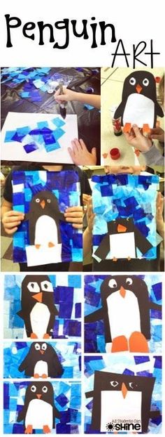 collage of penguins made out of construction paper and colored tissue paper with glue on them