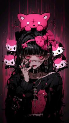 a woman with black hair and pink cats on her head