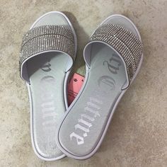 Yummy Silver Juicy Couture Slides Adorned With Dazzling Rhinestones. Flat Heel And Synthetic Outsoles. Lightweight . Juicy Couture Shoes, Couture Shoes, Juicy Couture, Women's Shoes Sandals, Shoes Sandals, Slides, Size 6, Women Shoes, Couture