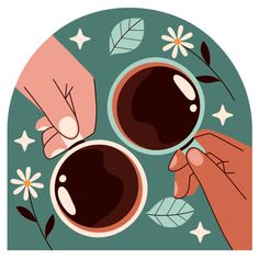 two hands holding cups of coffee with leaves and flowers around them