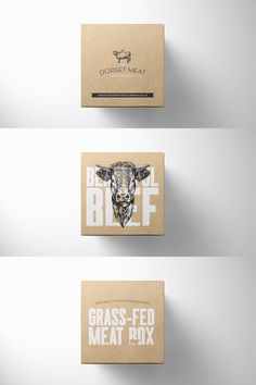 three business cards with an image of a cow's head on one side and the words grass - fed meat box on the other