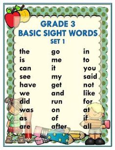 a poster with words and pictures on it that say, grade 3 basic sight words set 1