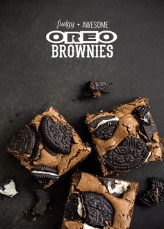 three cookies and oreo brownies on a black surface with the title above it