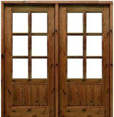 two wooden doors with windows on each side