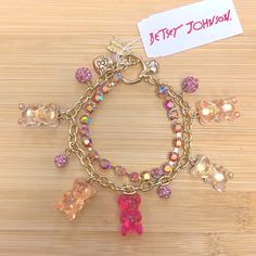 Brand New Betsey Johnson Pink Gummy Bear Charm Bracelet Gold Tone Sparkly Beaded. Pretty & Fun! All American Girl Dolls, Charm Bracelet Gold, Diy Bracelet Designs, Jewelry Accessories Ideas, Gold Charm Bracelet, Gummy Bear, Betsey Johnson Jewelry, Jewelry Brand, Cute Bracelets