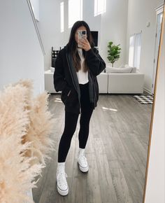 Black Outfit White Converse Casual Outfit By Molly Love Outfit Ideas Converse White, Leggings With Jacket Outfit, Converse Platform Sneakers Outfit, Outfit With White Platform Converse, Black Leggings White Converse Outfits, Comfy Converse Outfit, Leggings Jacket Outfit, Chunky White Converse Outfit