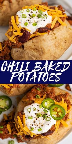 two baked potatoes with chili and cheese on top