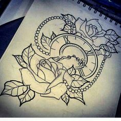 a drawing of a rose with a clock on it