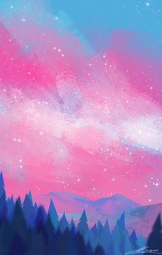 the sky is filled with pink and blue stars as trees are silhouetted in the foreground