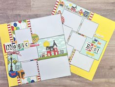 two scrapbook pages with different designs on them, one is white and the other is yellow