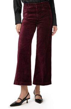 Luxe stretch velvet lends a glamorous feel to trouser-inspired pants flaunting a high waist and ankle-grazing wide legs. 27" inseam; 22 1/2" leg opening; 11 1/2" front rise Zip fly with button and hook-and-bar closure Front welt pockets; back welt pockets 54% cotton, 44% rayon, 2% spandex Dry clean or machine wash, dry flat Imported Wide Leg Velvet Pants, Pants Nordstrom, Velvet Pants, Stretch Velvet, Wide Legs, Welt Pockets, High Waist, Wide Leg, Dry Clean