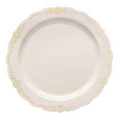 an empty white plate with gold trimmings