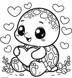 a cute little turtle with hearts on it's back coloring pages for kids, printable