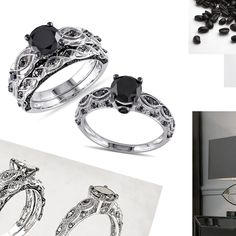 two rings with black diamonds on them and coffee beans in the bottom right hand corner