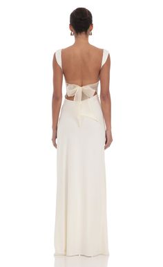 Open Back Bow Maxi Dress in White | LUCY IN THE SKY White Black Tie Dress, 18th Dress, Modern Prom, Formal Maxi Dresses, Debs Dresses, Prom Dress Inspo, Prom Inspo, Junior Prom, Bachelorette Party Outfit