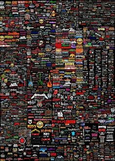 a very large poster with many different types of logos on the back ground, all in black and white