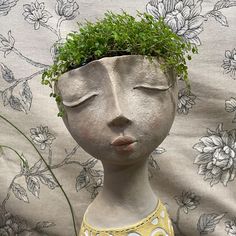 a clay head with a plant growing out of it's face on a floral background