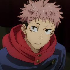 an anime character with pink hair and blue eyes wearing a red scarf around his neck