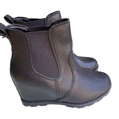 New, Waterproof And Perfect For Fall Black Casual Closed Toe Wedge Boots, Casual Black Wedge Boots With Reinforced Heel, Black Wedge Boots With Medium Width, Black Wedge Boots Medium Width, Cognac Boots, Tan Ankle Boots, Studded Ankle Boots, Western Style Boots, Tan Booties