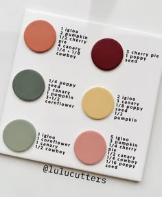 an assortment of different color swatches on top of a white surface with words written below them