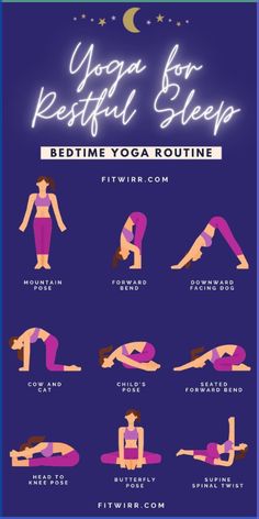 the yoga for restful sleep bedtime yoga routine is shown in purple and blue