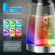 an electric kettle with water in it and six different colors