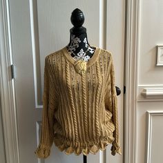 This Sweet Sweater Has The Cutest Ruffles!!! Perfect For Over A Bathing Suit Or Over A Tank. Casual Knit Sweater With Ruffles, Spring V-neck Ruffled Sweater, Chic Knit Sweater With Ruffles, V-neck Ruffled Sweater For Fall, Zara Gold, Zara Sweater, Open Knit Sweater, Ruffled Sleeves, Ruffles