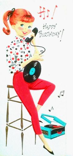 a woman sitting on top of a stool with a record player in her lap and the words happy birthday