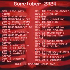 I will skip some days because I don't wanna draw stuff like vivisection and starvation (• ‸ •) #october #art #goretober #inktober #artchallenge October List Draw, Horror Oc Challenge, 30 Day Art Challenge Gore, October Oc Challenge, 5+1 Things, Goreoctober Challenge, Art October Challenge, Vivisection Art, Oc Art Challenge Template