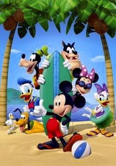 mickey mouse and other disney characters on the beach with palm trees in the foreground