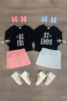 Best Friends Pink and Blue Skirt Set - Sparkle in Pink Blue Skirt Set, Simple Crewneck, Matching Outfits Best Friend, Sparkle In Pink, Best Friend Outfits, Twin Outfits, Sister Outfits, Bff Outfits, Baby Alive