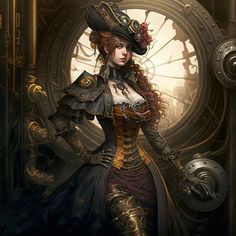 a woman dressed in steampunk clothing standing next to a clock