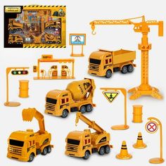 the construction vehicles are all yellow and have different types of tools on them, including a crane