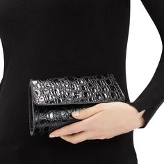 Crocodile-print leather clutch bag with metal detail, chain shoulder strap, pocket and inner card slots. Elegant Formal Wallet On Chain With Card Slots, Elegant Formal Wallet With Card Slots, Elegant Clutch With Card Slots, Evening Clutch With Crocodile Pattern, Elegant Evening Clutch With Crocodile Pattern, Elegant Formal Clutch With Crocodile Pattern, Elegant Clutch Wallet For Office, Elegant Rectangular Wallet With Crocodile Pattern, Elegant Wallet With Crocodile Pattern