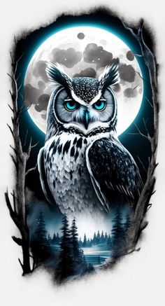 an owl with blue eyes sitting in front of a full moon