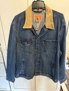 Levi Strauss Stock Trucker Jacket Denim Blue Jean Unlined Corduroy Collar NWT Size: XLT Inspected to the best of our abilities and looks to be in new condition. Denim Outerwear With Corduroy Collar And Long Sleeves, Long Sleeve Denim Outerwear With Corduroy Collar, Blue Denim Jacket With Corduroy Collar, Corduroy Button-up Denim Jacket With Pockets, Blue Denim Jacket With Corduroy Collar For Fall, Casual Denim Jacket With Corduroy Collar, Jacket Denim, Trucker Jacket, Brands Outlet