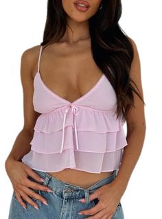 PRICES MAY VARY. ✿High-quality material: Ruffle cami tops for women,chiffon babydoll top,frill trim cami top,sheer babydoll tops for women,chiffon tops for women, are made of 100%polyester, a skin-friendly fabric, soft, comfortable to wear, breathable, and non-irritating. ✿Features:Spaghetti strap lace camisole,womens y2k sexy sheer lace frill top,summer spaghetti strap tank tops for women, solid color, frill shoulder strap, satin bowknot front, sleeveless, lace trim v-neck, ruffle trim detailin Pink Going Out Top, Tank Tops Summer, Backless Tank Top, Pink Head, Cropped Camisole, Women Y2k, Summer Tank Tops, Neck Crop Top, Maxi Dress Party