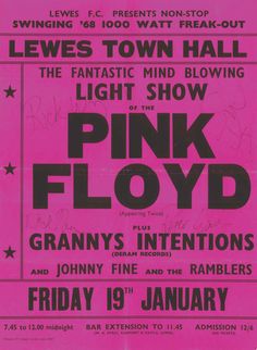 pink floyd concert poster from the early 1970's, with handwritten text on it