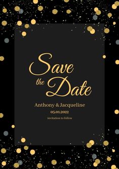 save the date card with gold and black confetti