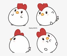 four chicken faces with different expressions on the same face, one in red and one in white