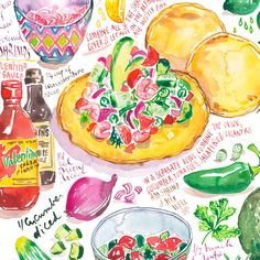 this is a watercolor and ink drawing of various foods that include vegetables, lemons, tomatoes, cucumbers, avocados