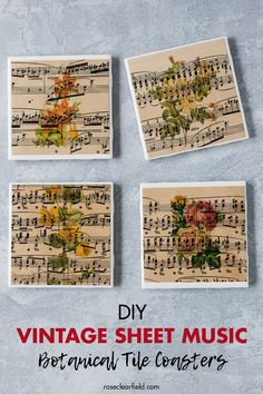 four vintage sheet music brochures with flowers on them and the words, diy vintage sheet music brochure tile coasters