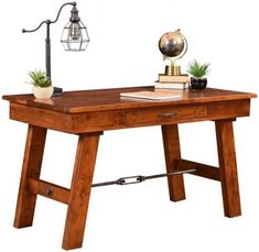 a wooden desk with a lamp on top and books sitting on it's legs