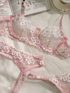 Material: This Pink Cherry Blossoms Sheer Lace 3pc Lingerie Set is made of 95% polyester 5% elastane. This lingerie set includes: 3 Pcs Unlined Underwire Non padded Adjustable shoulder straps Hook and eye closure Adjustable belt Adjustable panty size *We recommend taking measurements before ordering lingerie. Different lingerie brands use different size charts, if you want the lingerie set to fit perfectly, please check the size chart below Details: Sexy Pink Cherry Blossoms Sheer Lace 3pc Linge Spicy Clothes, Lingerie Garter Belt, Flower Lingerie, Soft Fits, Lingerie Cute, Floral Lingerie, Lingerie Brands, Cute Lingerie, Pink Lingerie