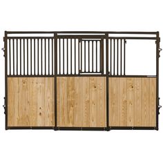 a wooden gate with metal bars on the top and bottom part, against a white background