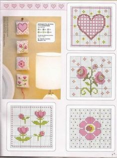 cross stitch pattern book with pink flowers and hearts on the pages, including a lamp